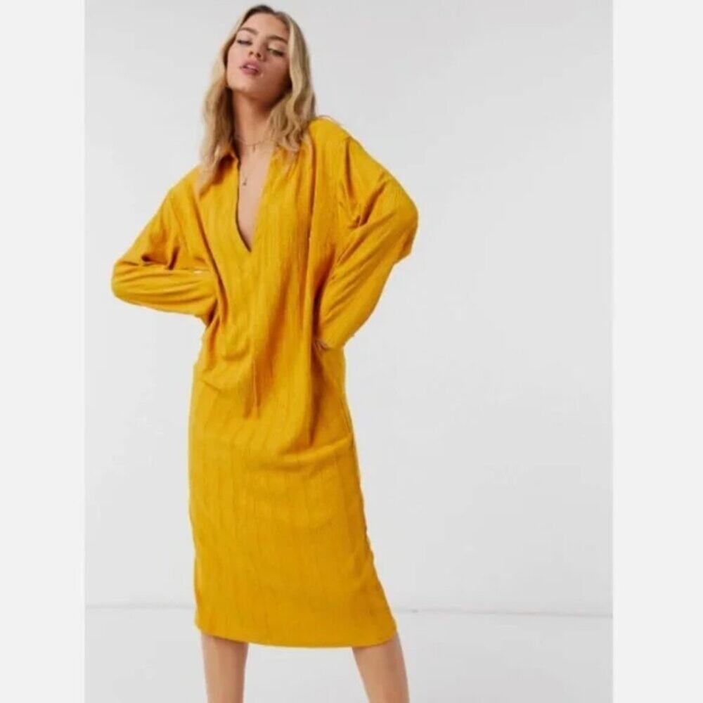 Free People Beach Aster Collar Midi Dress in Marigold Yellow